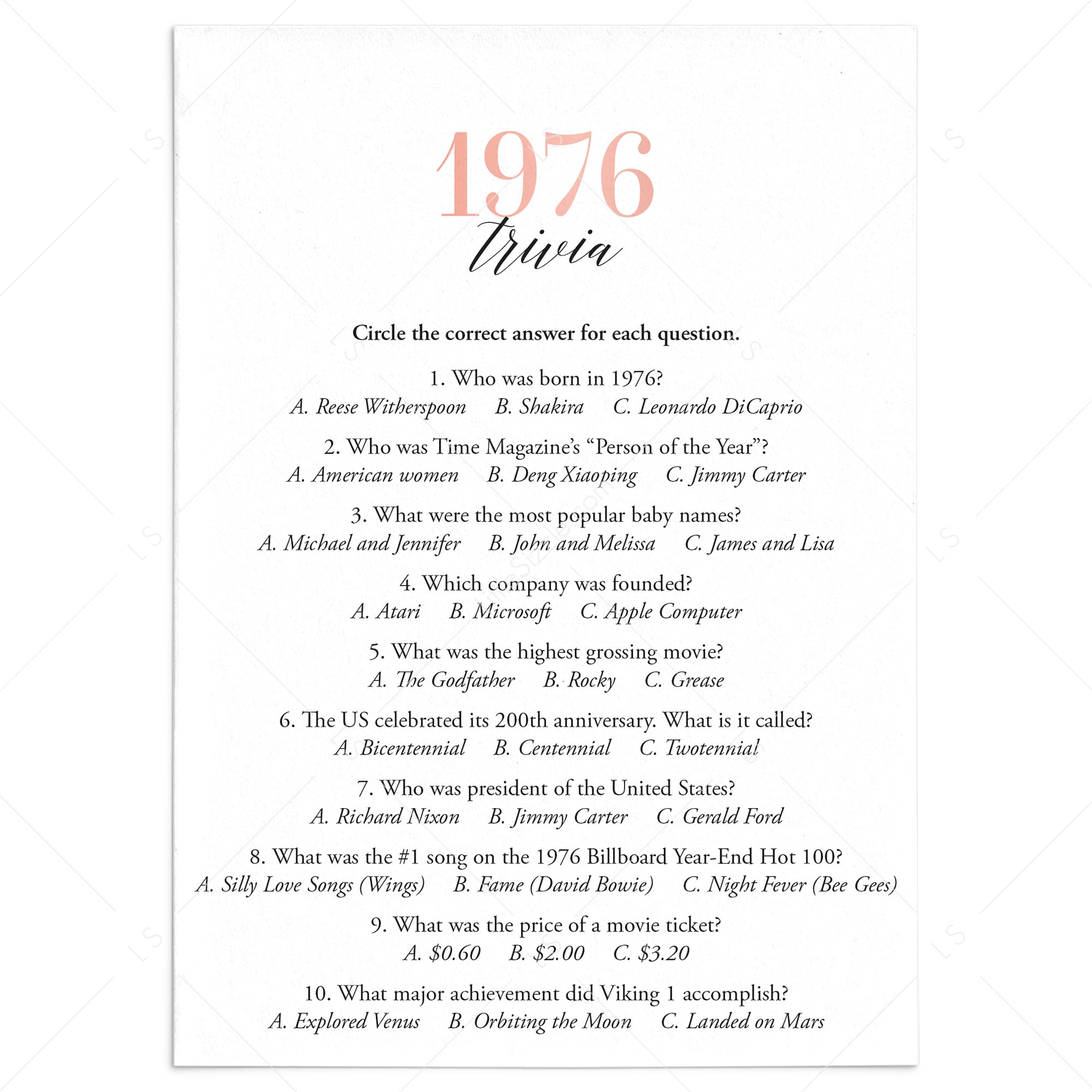 1976 Trivia Questions and Answers Printable by LittleSizzle