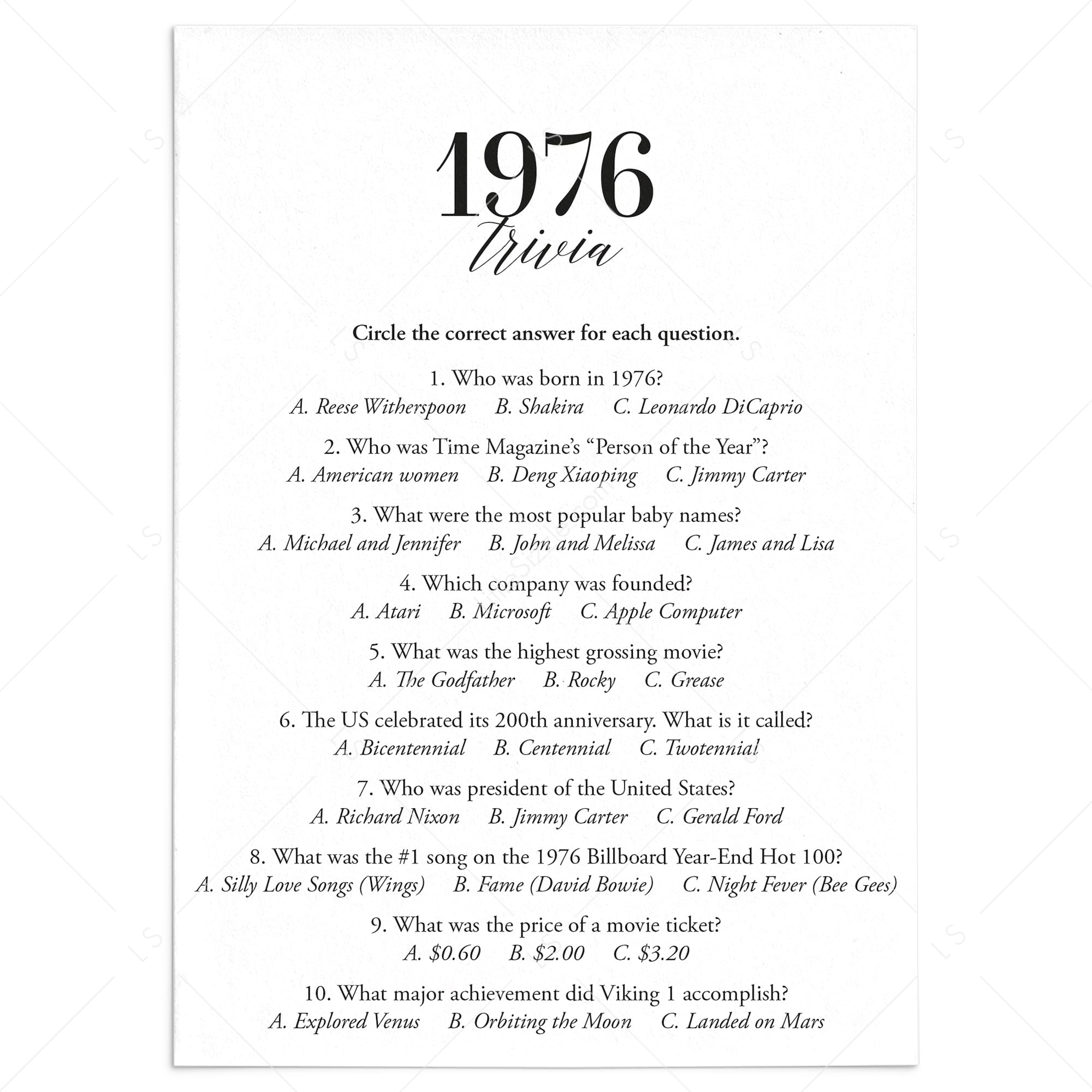 1976 Trivia Quiz with Answer Key Instant Download by LittleSizzle