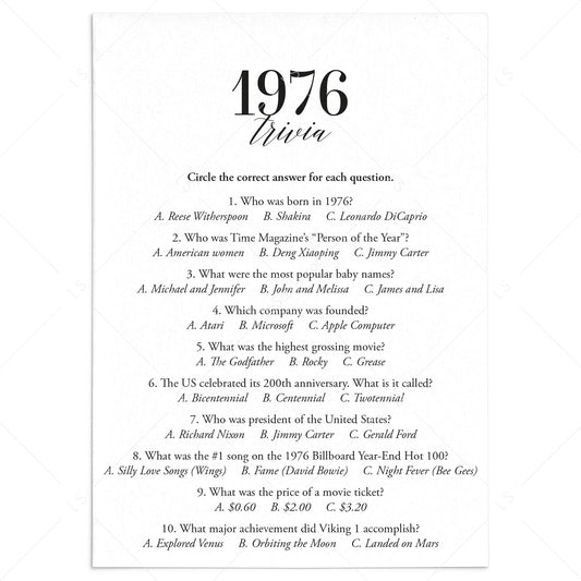 1976 Trivia Quiz with Answer Key Instant Download by LittleSizzle