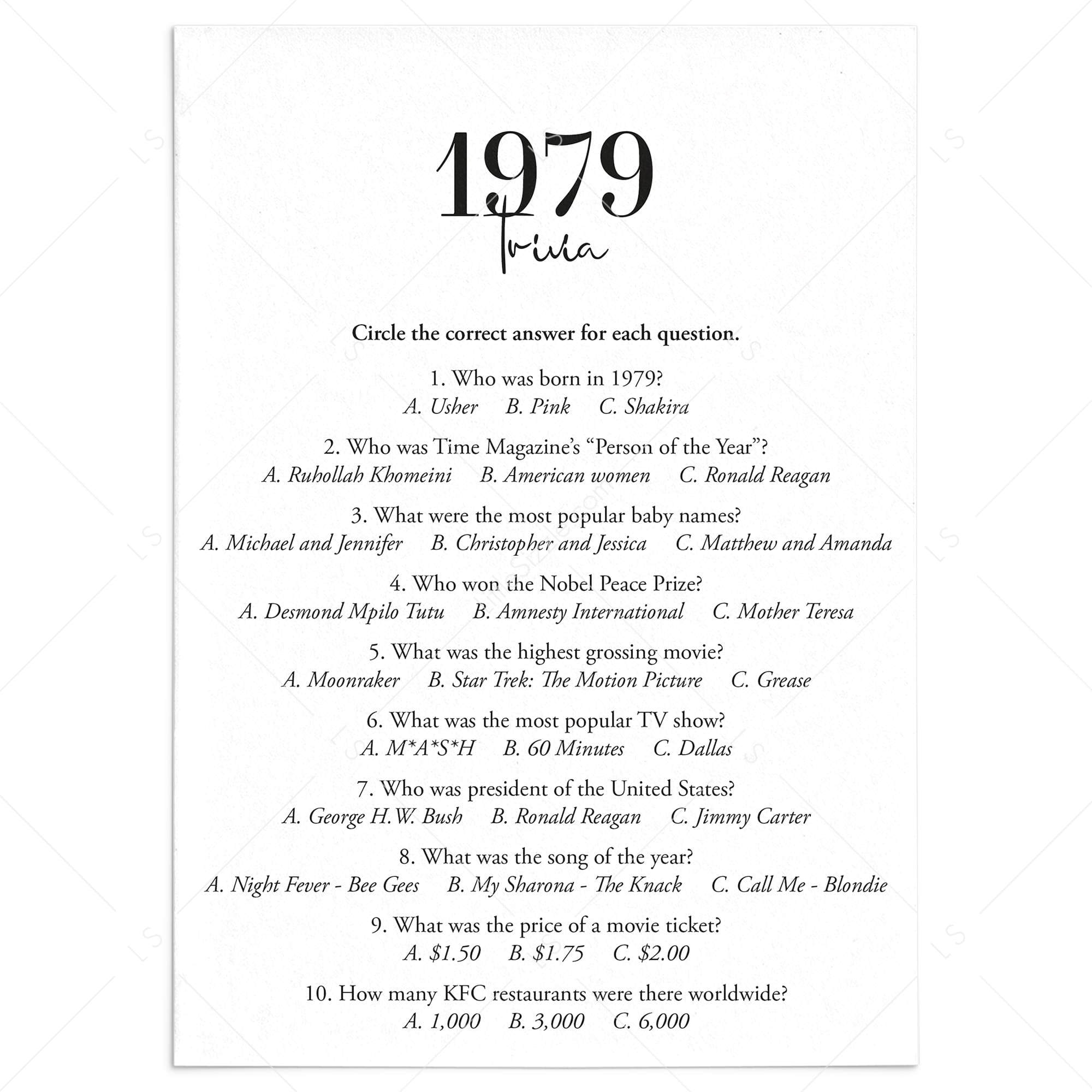 1979 Trivia Quiz with Answer Key Instant Download by LittleSizzle