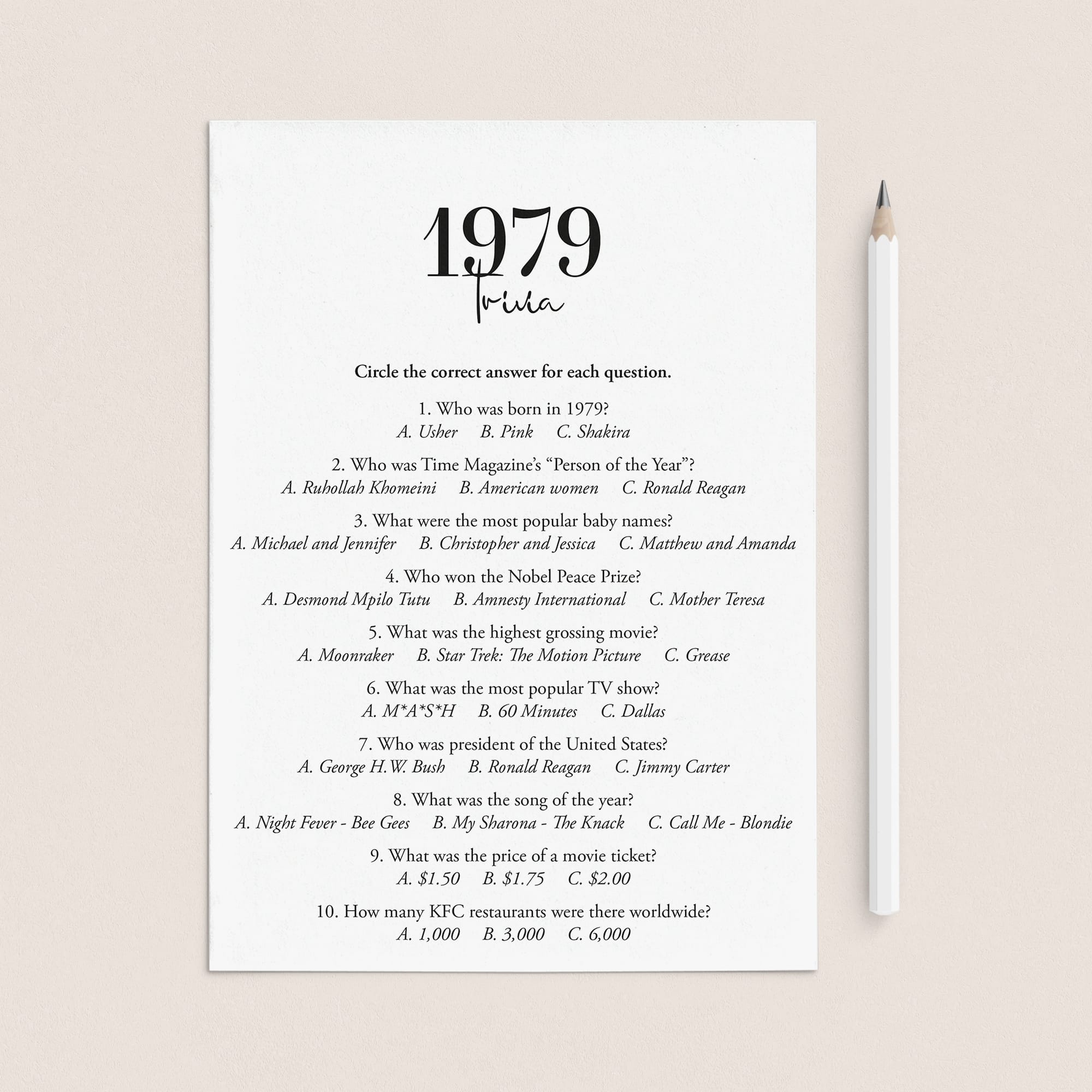 1979 Trivia Quiz with Answer Key Instant Download by LittleSizzle