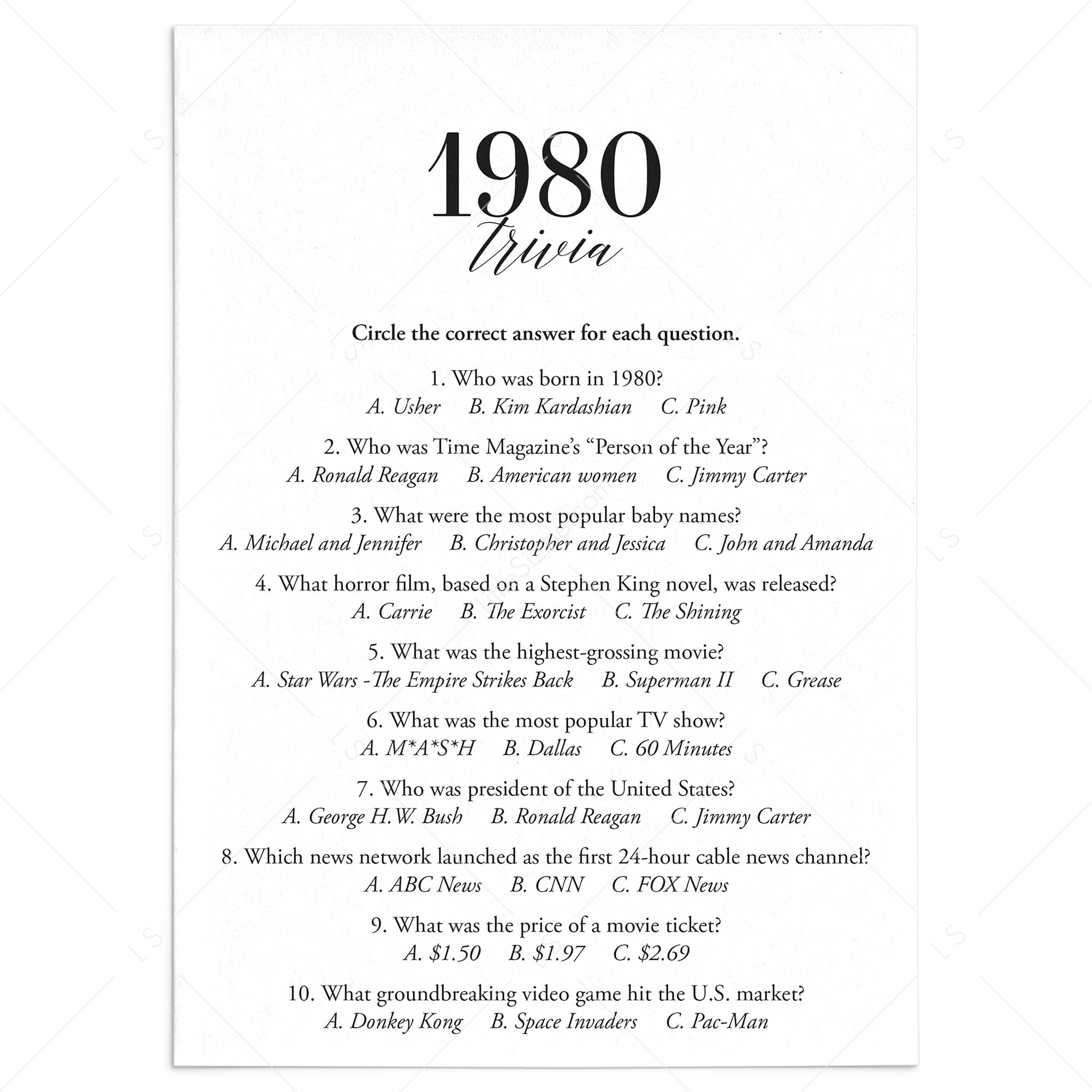1980 Fun Facts Quiz with Answers Printable | 1980 Pop Culture Trivia by LittleSizzle