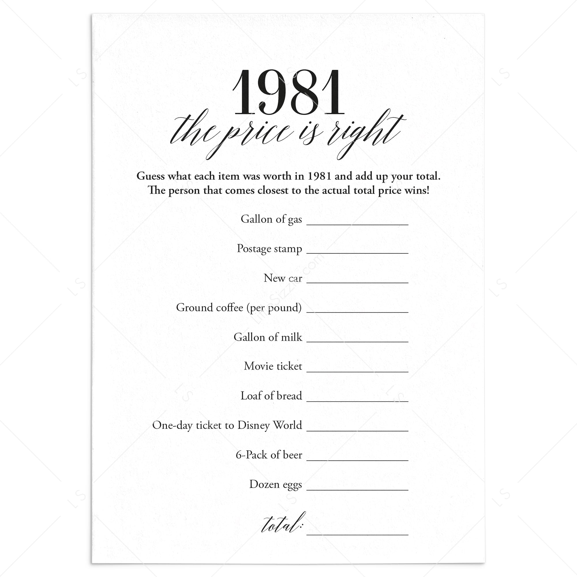 1981 The Price Is Right Game with Answers Printable by LittleSizzle