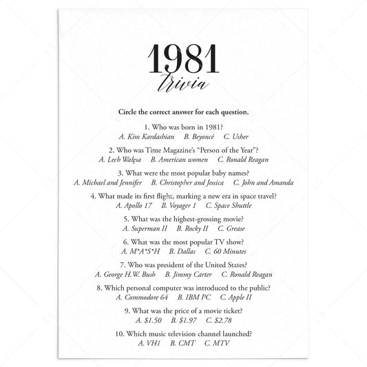 1981 Trivia Quiz with Answer Key Instant Download by LittleSizzle