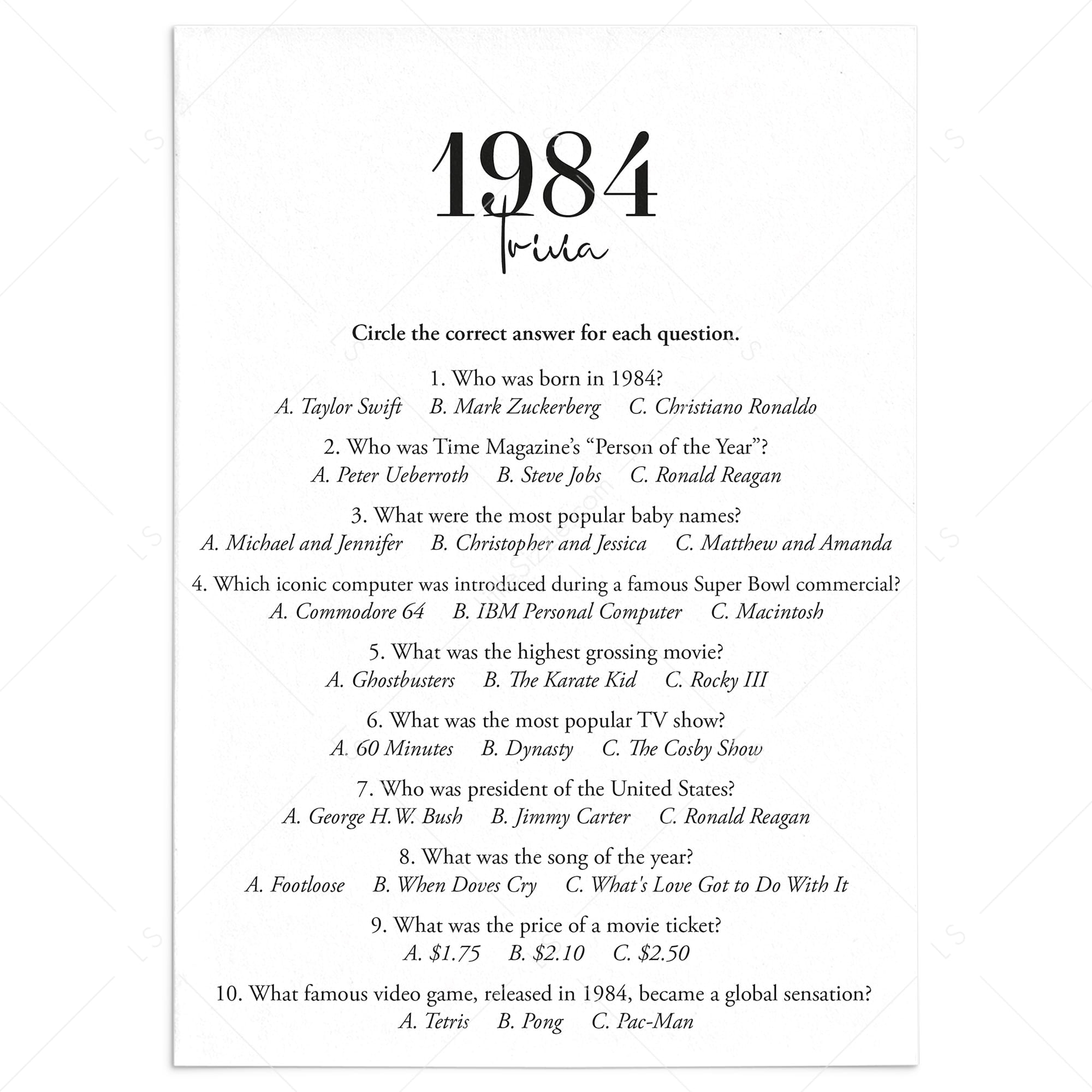 1984 Trivia Quiz with Answer Key Instant Download by LittleSizzle