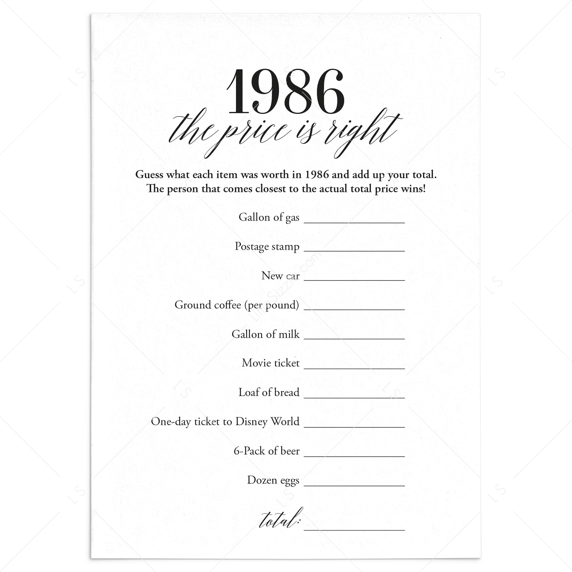1986 The Price Is Right Game with Answers Printable by LittleSizzle