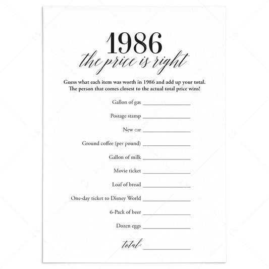 1986 The Price Is Right Game with Answers Printable by LittleSizzle