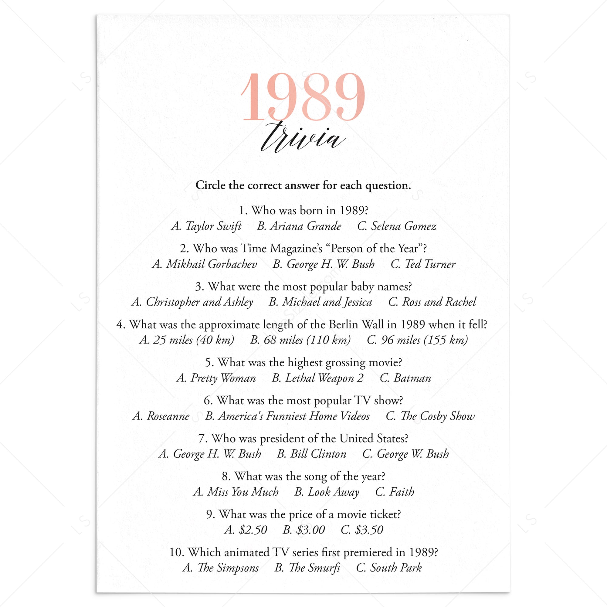 1989 Trivia Questions and Answers Printable by LittleSizzle