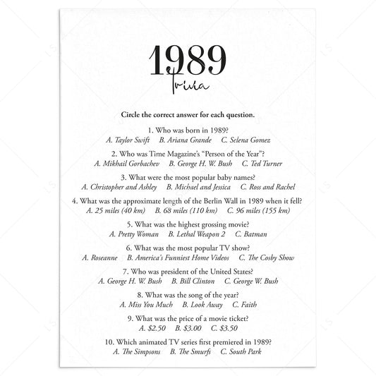 1989 Trivia Quiz with Answer Key Instant Download by LittleSizzle