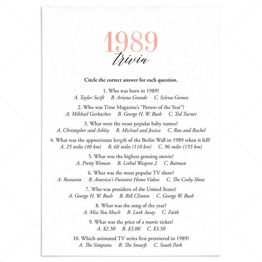 1989 Trivia Questions and Answers Printable by LittleSizzle