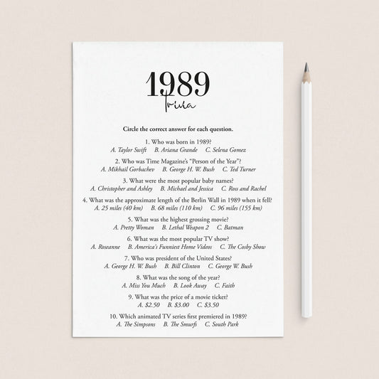 1989 Trivia Quiz with Answer Key Instant Download by LittleSizzle