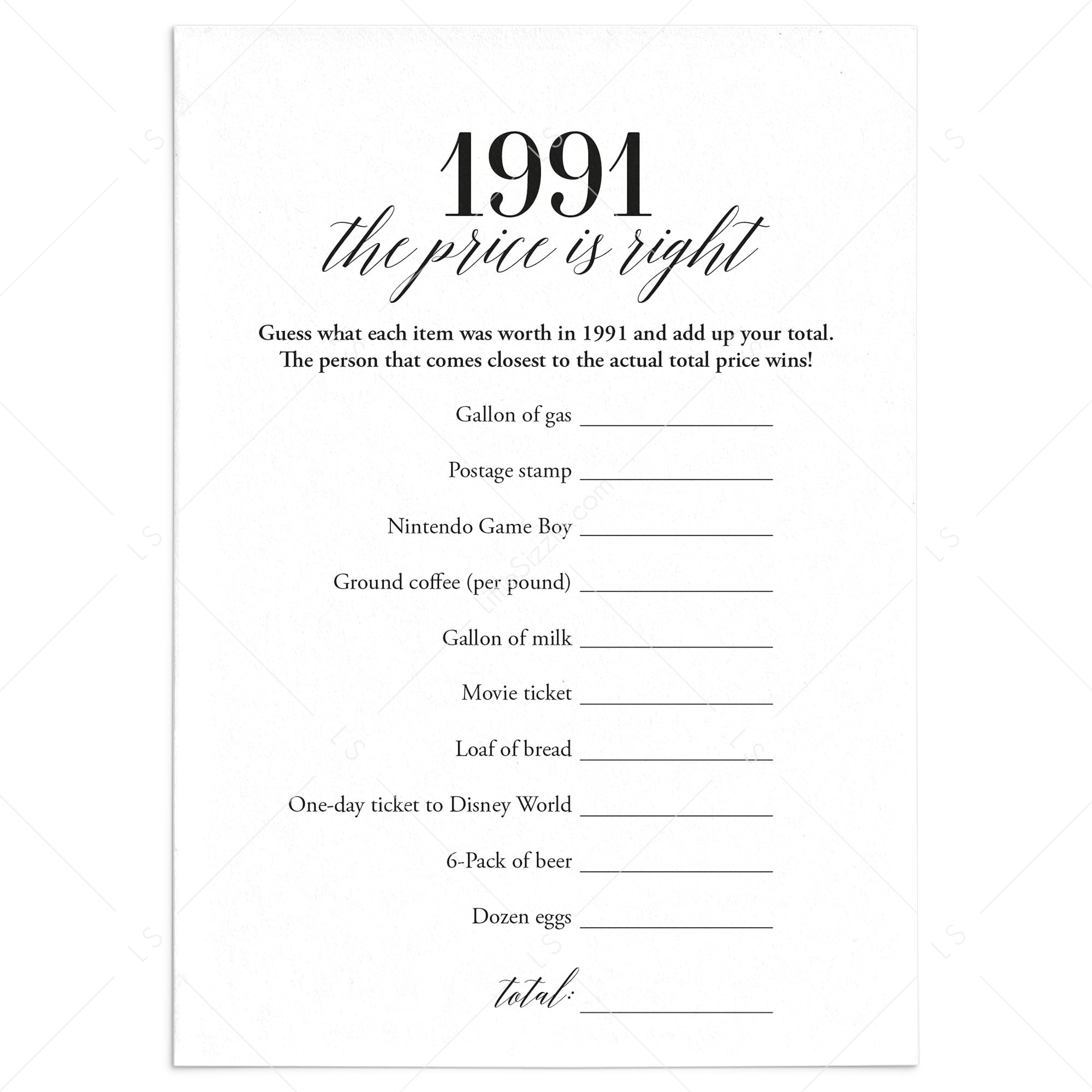 1991 The Price Is Right Game with Answers Printable by LittleSizzle