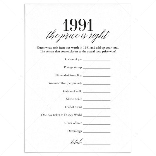 1991 The Price Is Right Game with Answers Printable by LittleSizzle
