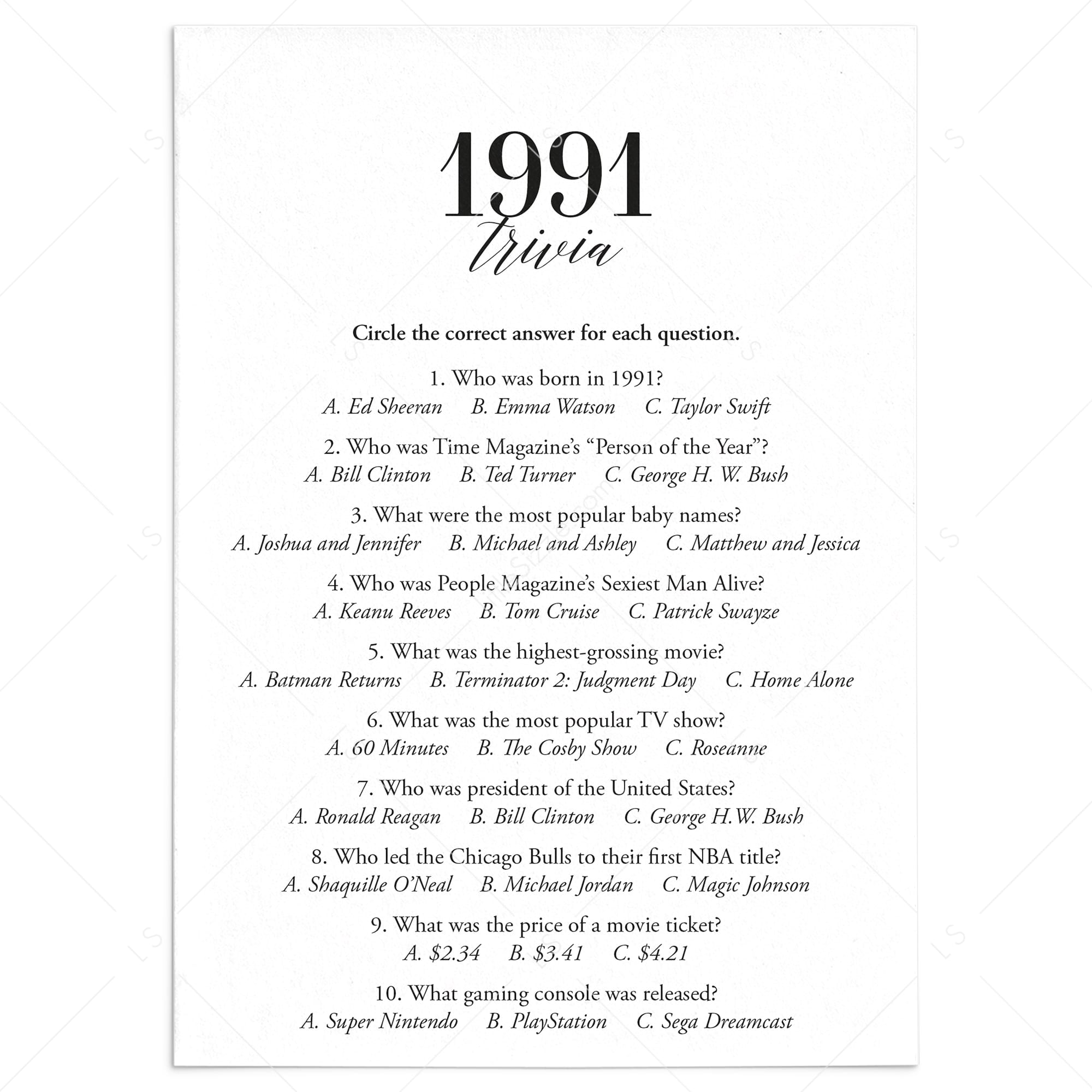 1991 Trivia Quiz with Answer Key Instant Download by LittleSizzle