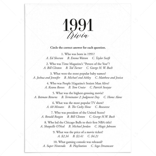 1991 Trivia Quiz with Answer Key Instant Download by LittleSizzle