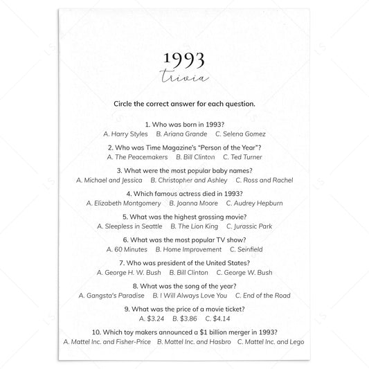 1993 Quiz and Answers Printable by LittleSizzle