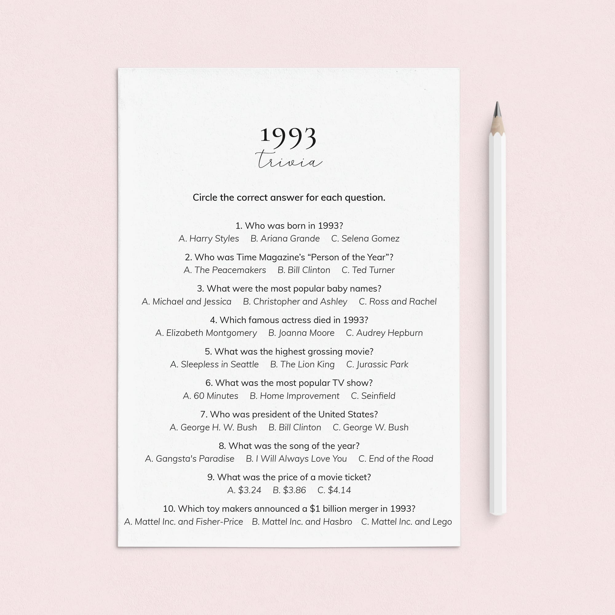 1993 Quiz and Answers Printable by LittleSizzle