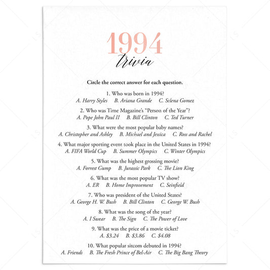 1994 Trivia Questions and Answers Printable by LittleSizzle