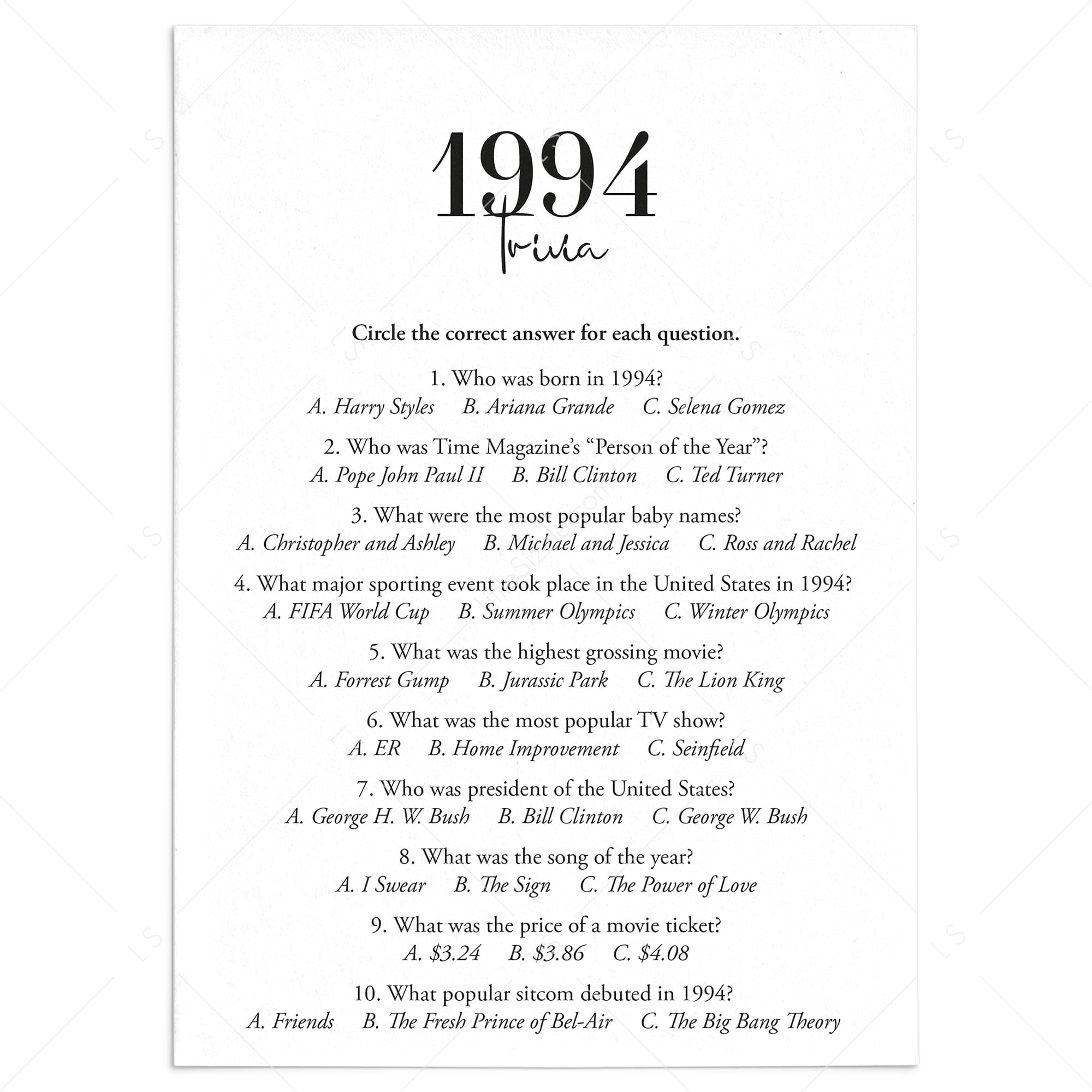 1994 Trivia Quiz with Answer Key Instant Download by LittleSizzle