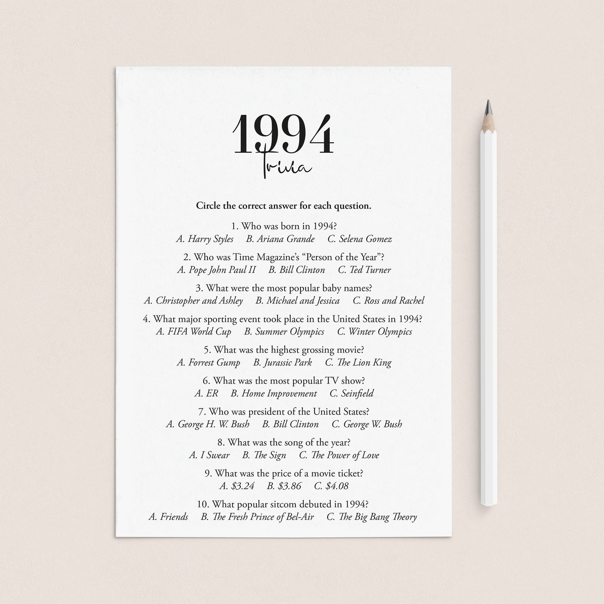 1994 Trivia Quiz with Answer Key Instant Download by LittleSizzle