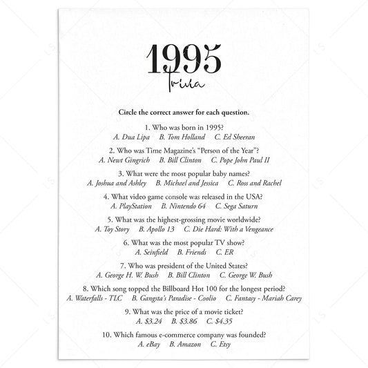 1995 Trivia Quiz with Answer Key Instant Download by LittleSizzle