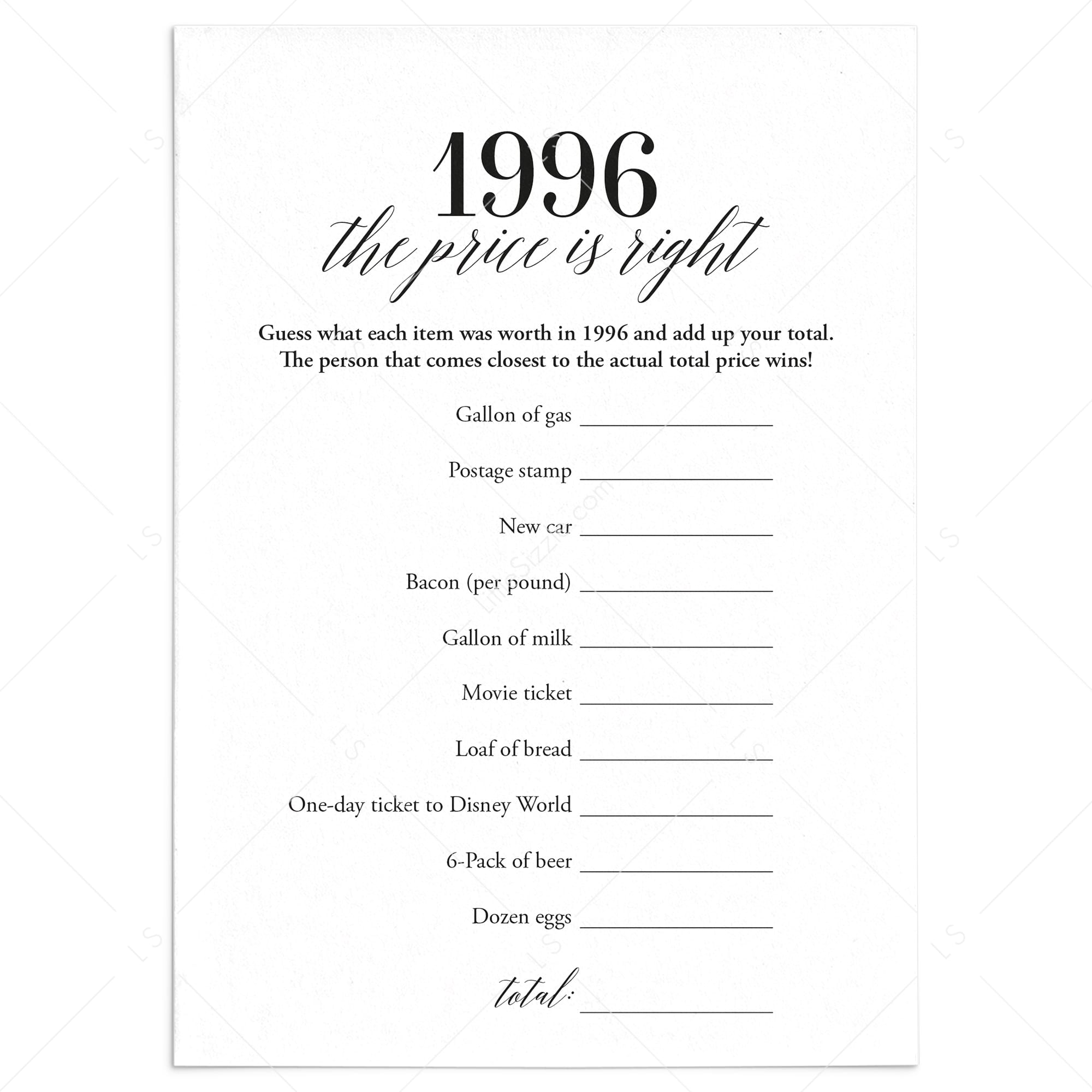 1996 The Price Is Right Game with Answers Printable by LittleSizzle