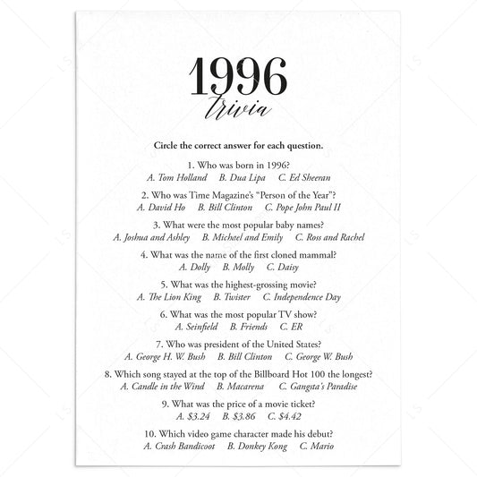 1996 Trivia Quiz with Answer Key Instant Download by LittleSizzle