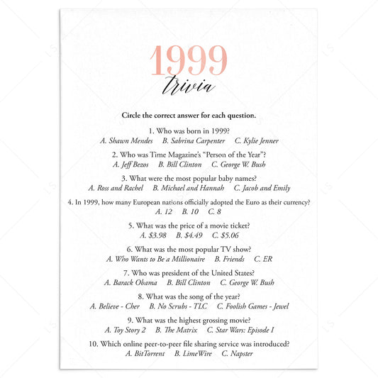 1999 Trivia Questions and Answers Printable by LittleSizzle