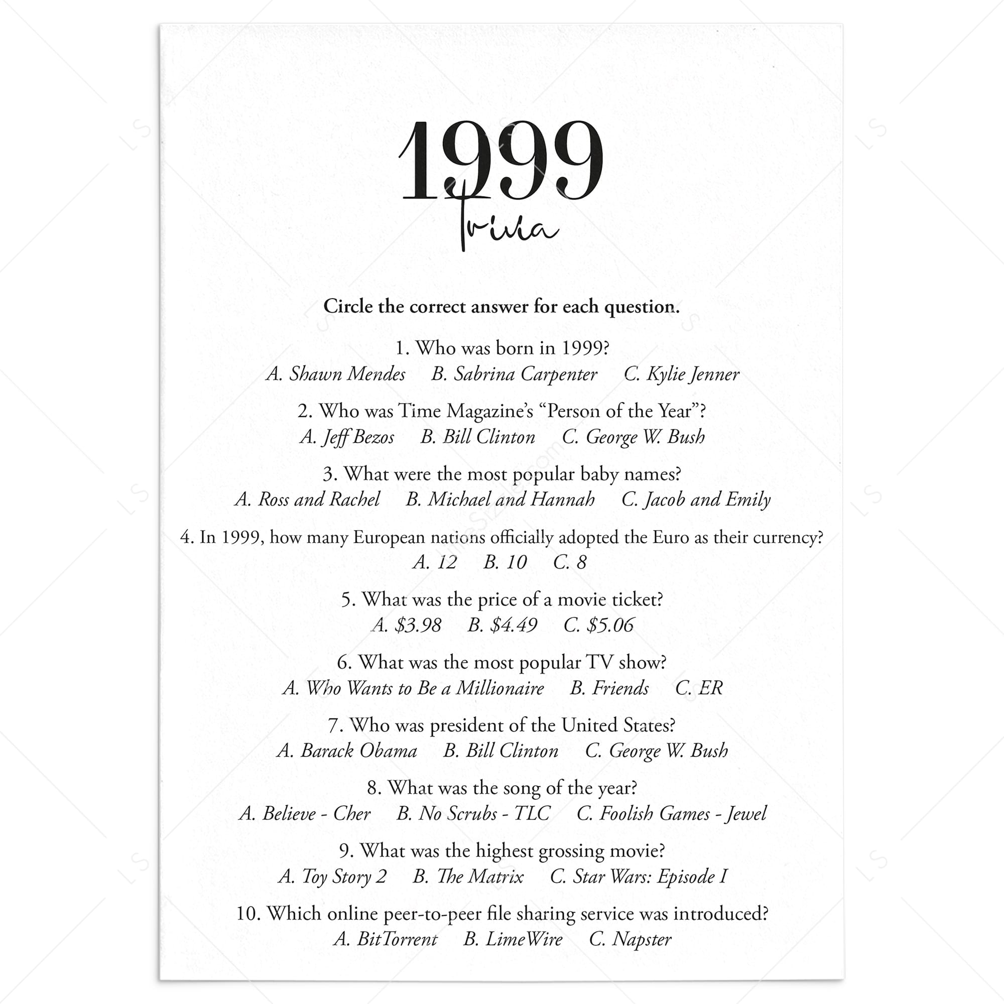1999 Trivia Quiz with Answers Digital Download by LittleSizzle