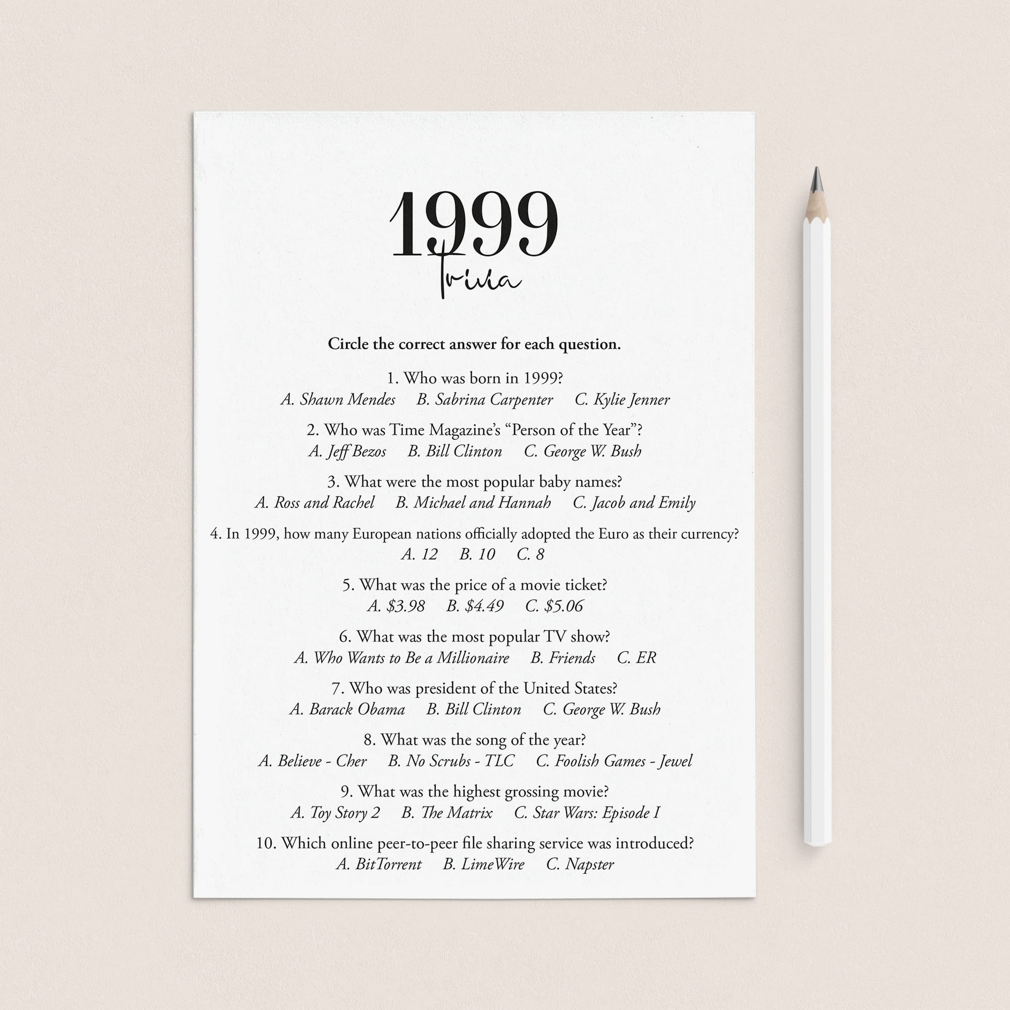1999 Trivia Quiz with Answers Digital Download by LittleSizzle