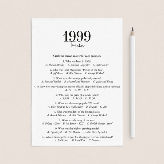 1999 Trivia Quiz with Answers Digital Download by LittleSizzle