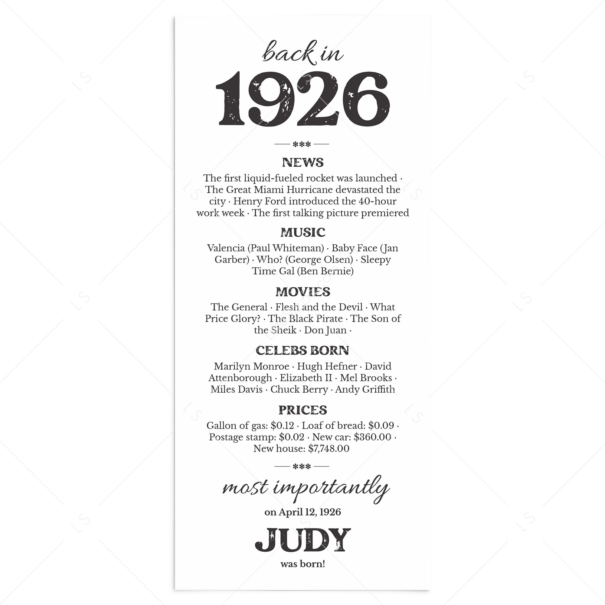 100th Birthday Decorations Born in 1926 Table Card by LittleSizzle