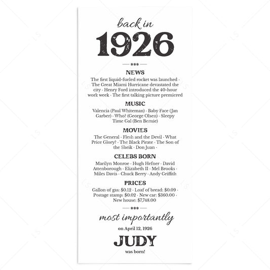 100th Birthday Decorations Born in 1926 Table Card by LittleSizzle