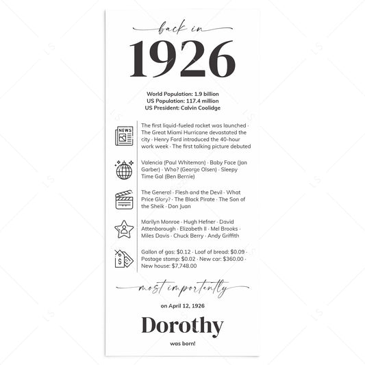 100th Birthday Place Cards Back in 1926 Facts Personalized Printable by LittleSizzle