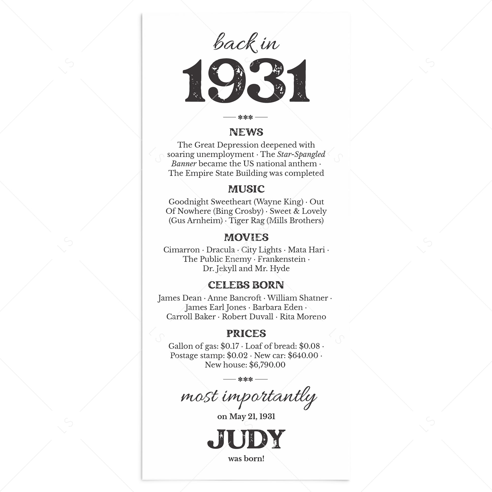 95th Birthday Decorations Born in 1931 Table Card by LittleSizzle