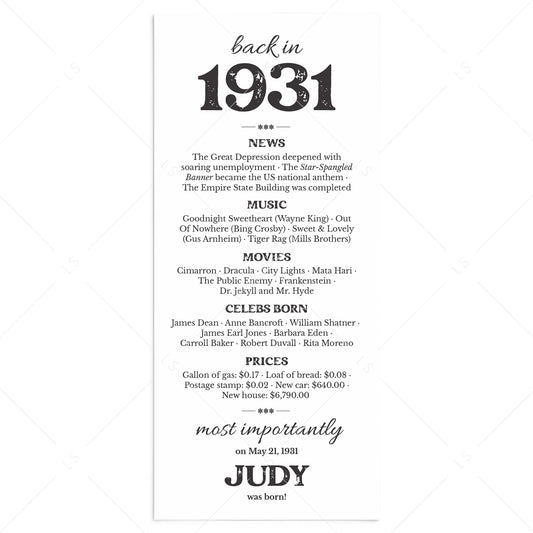 95th Birthday Decorations Born in 1931 Table Card by LittleSizzle