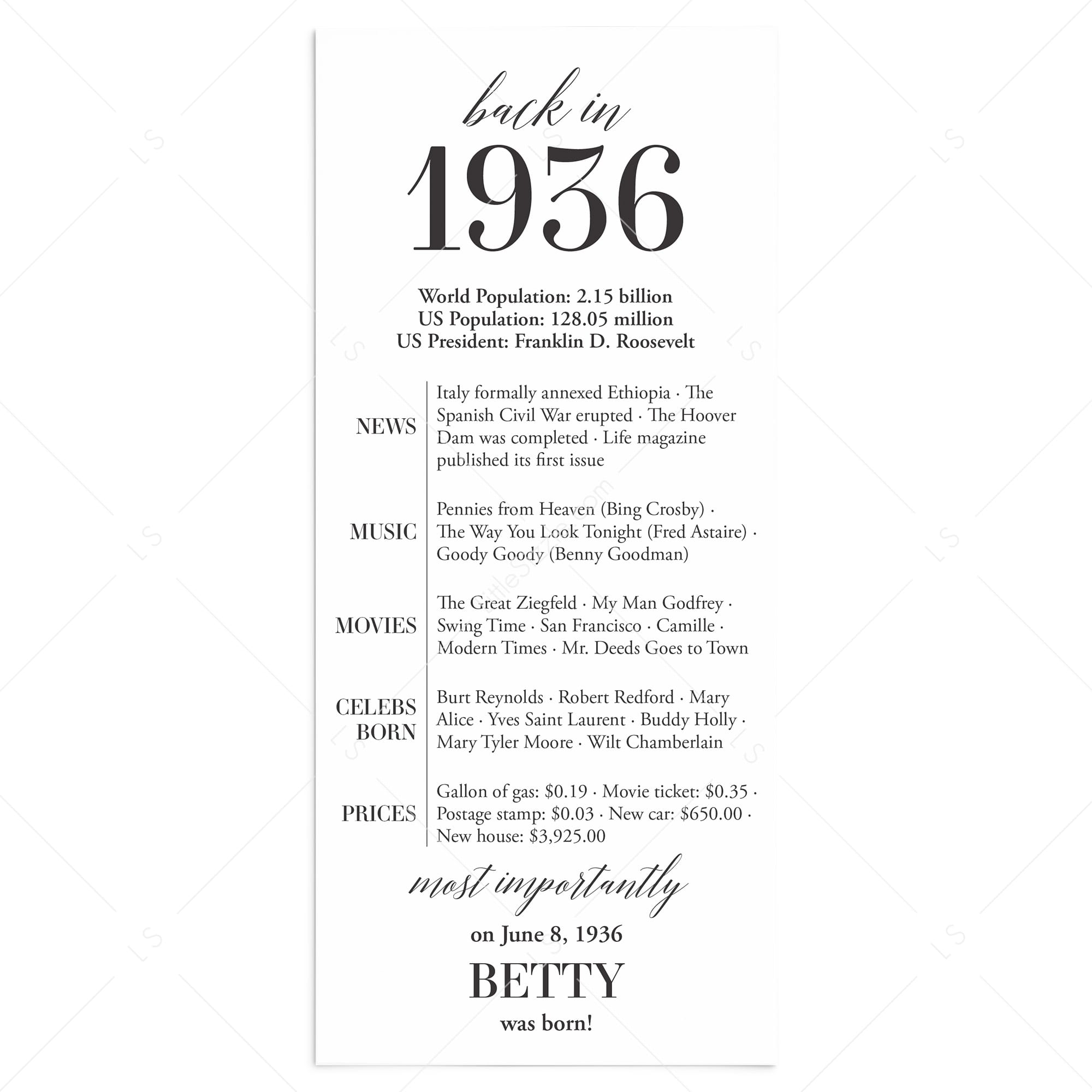 90th Birthday Party Decorations Back in 1936 Table Card by LittleSizzle