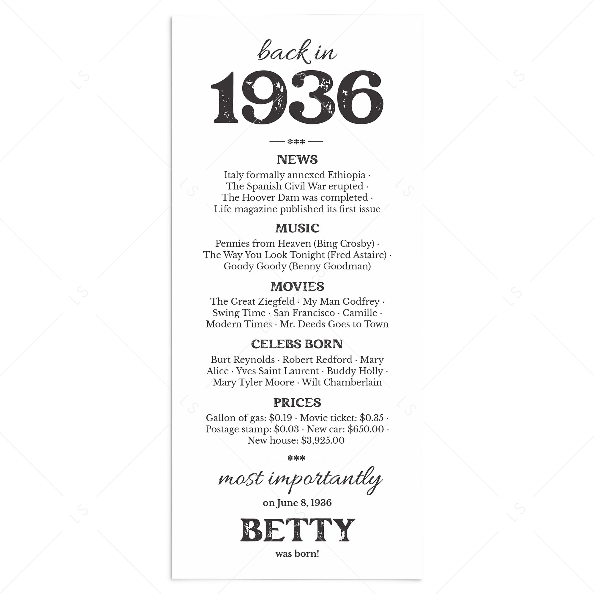 90th Birthday Decorations Born in 1936 Table Card by LittleSizzle