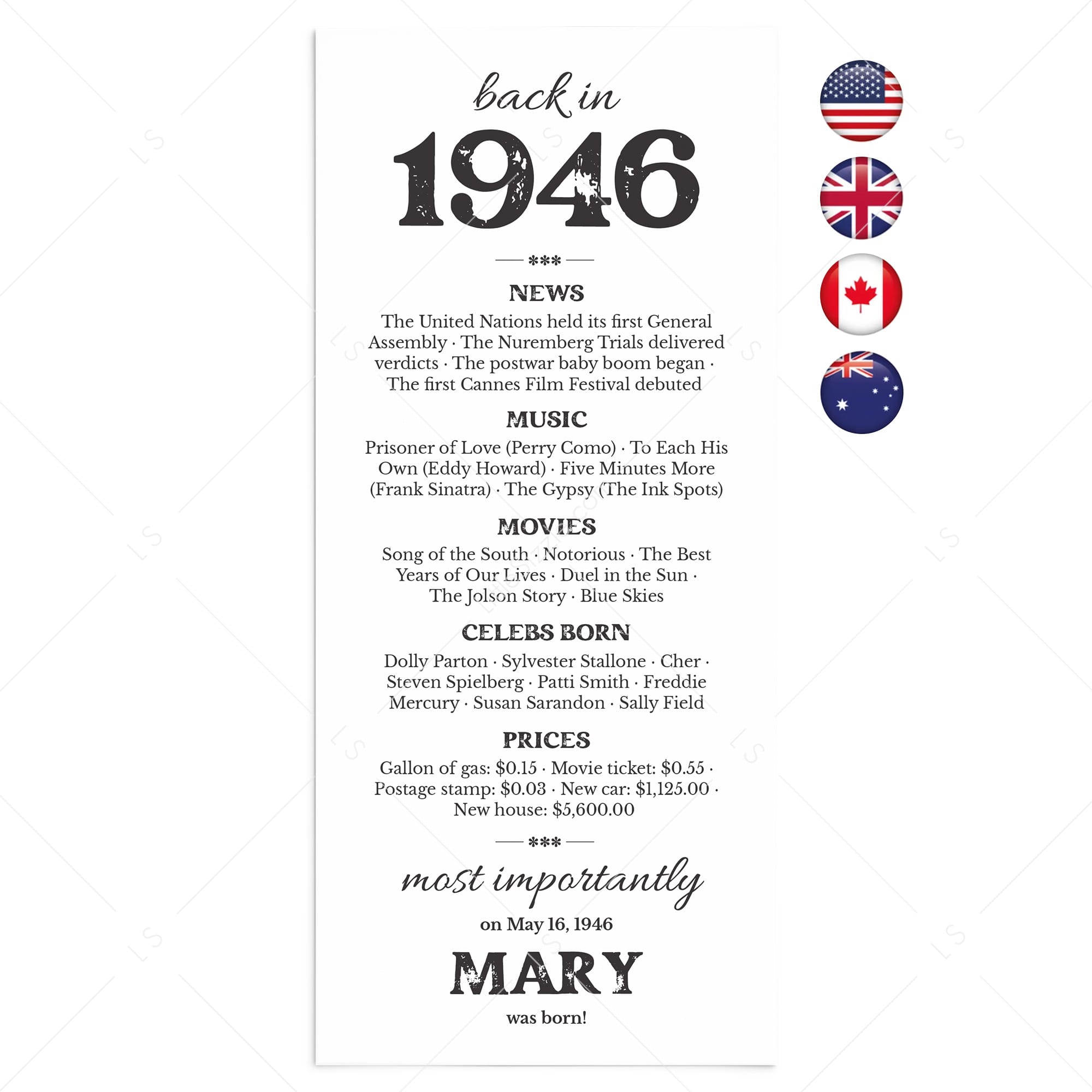 80th Birthday Decorations Born in 1946 Table Card by LittleSizzle