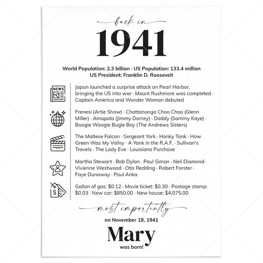85th Birthday Table Decor Custom Back in 1941 Facts Printable by LittleSizzle