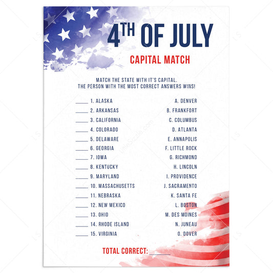 4th of July USA Capitals Game with Answer Key by LittleSizzle
