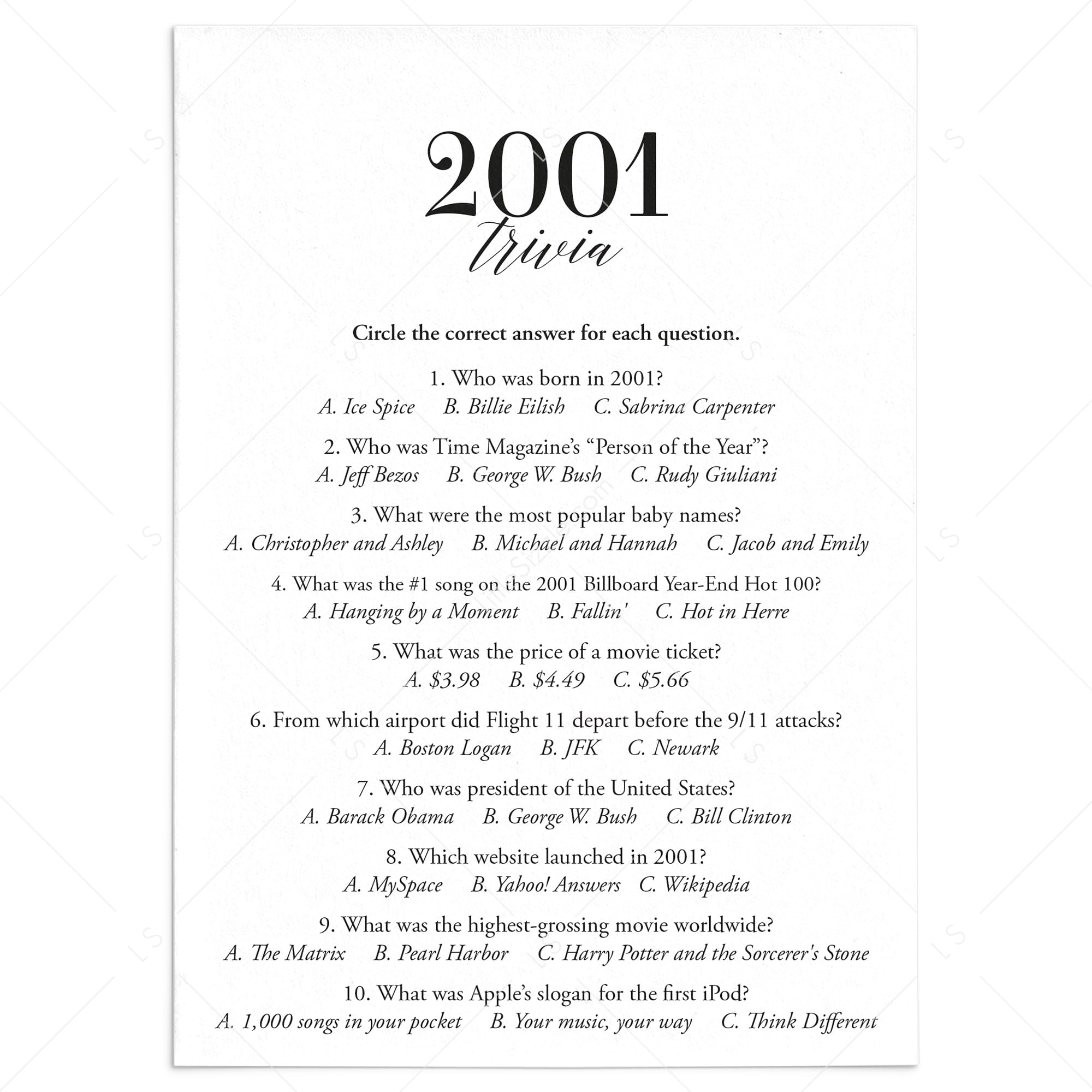 2001 Trivia Quiz with Answer Key Instant Download by LittleSizzle