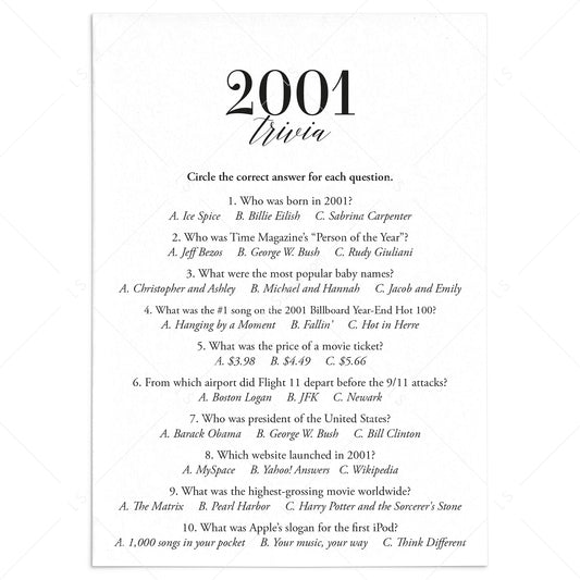 2001 Trivia Quiz with Answer Key Instant Download by LittleSizzle