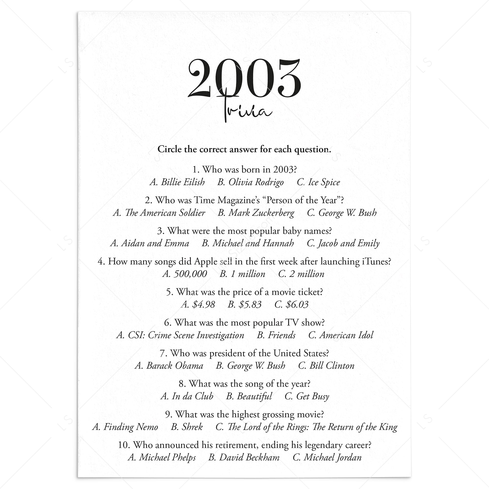 2003 Trivia Quiz with Answer Key Instant Download by LittleSizzle