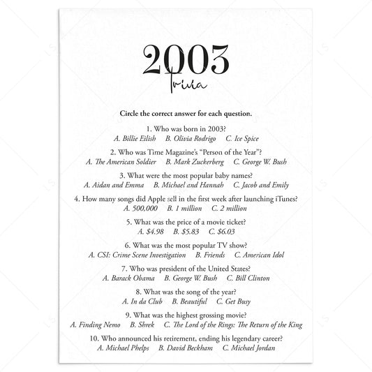 2003 Trivia Quiz with Answer Key Instant Download by LittleSizzle