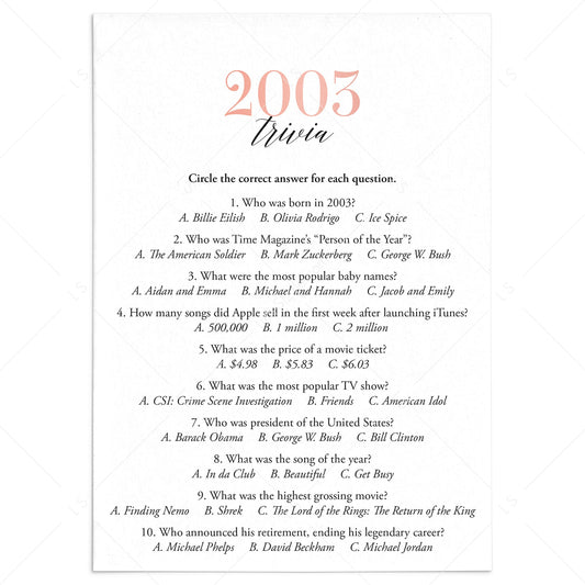 2003 Trivia Questions and Answers Printable by LittleSizzle