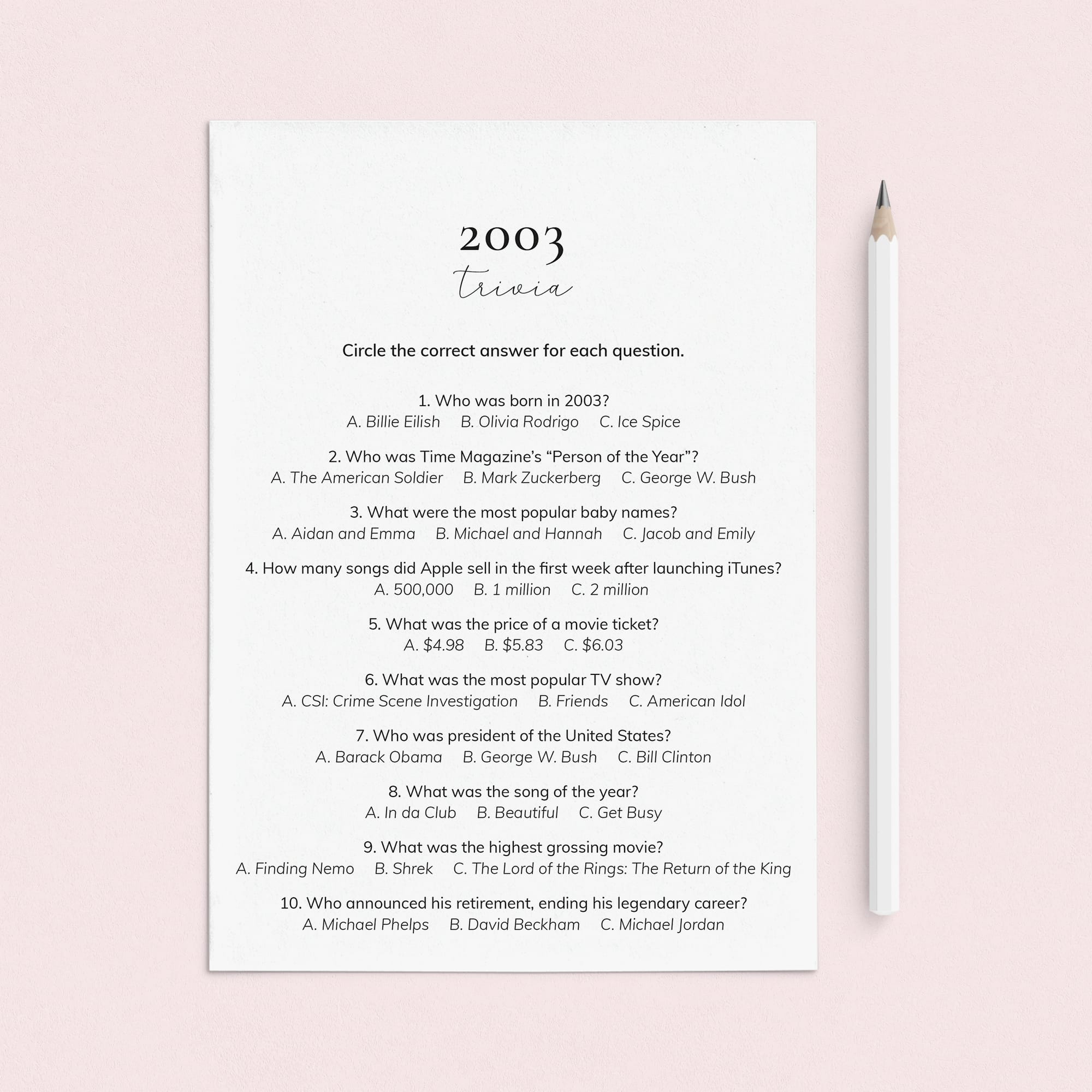 2003 Quiz and Answers Printable by LittleSizzle