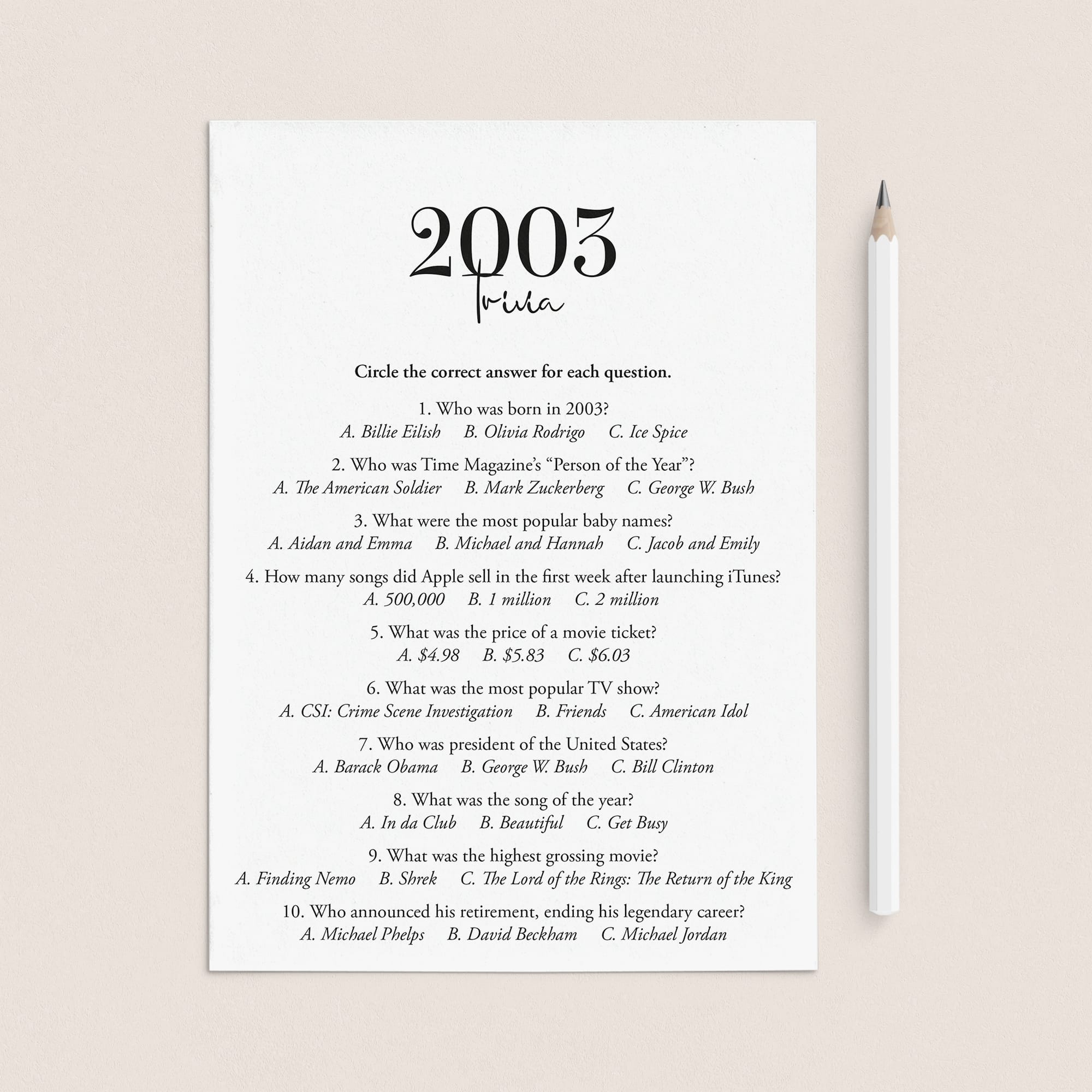 2003 Trivia Quiz with Answer Key Instant Download by LittleSizzle