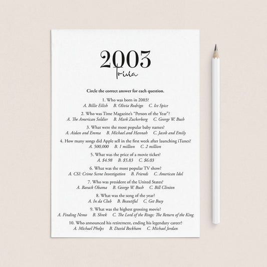 2003 Trivia Quiz with Answer Key Instant Download by LittleSizzle