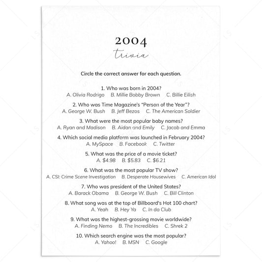 2004 Quiz and Answers Printable | All About The Year 2004 Trivia by LittleSizzle